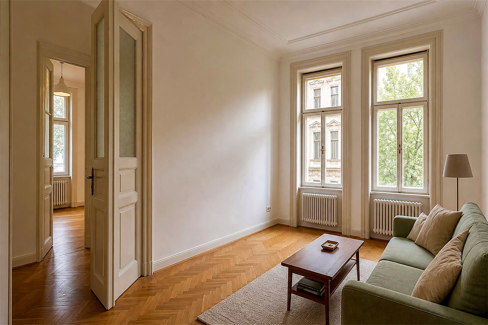 Freshly prepared Budapest apartment interior with clean walls and parquet flooring